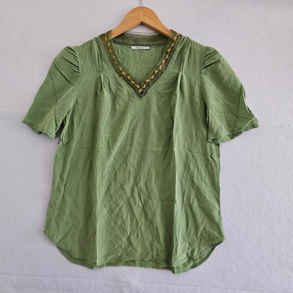 Bimba y Lola Olive Green Embroidered V-Neck Blouse Puff Sleeve XL